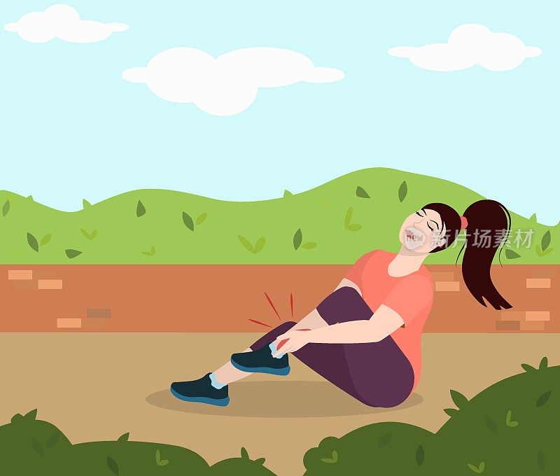 a young brunette woman sits on the ground in a park and holds on to a sore leg injured while running. The concept of a healthy lifestyle and injuries during sports
